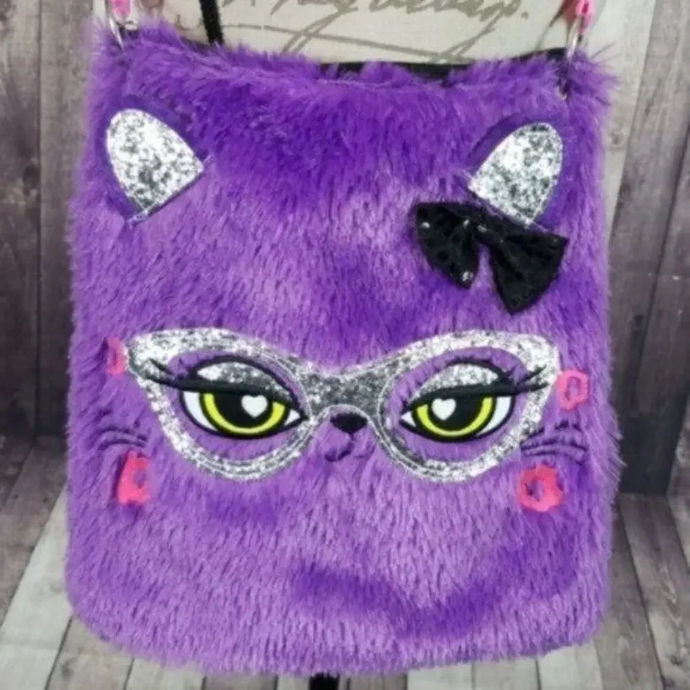 Girls Purple Faux Fur Fuzzy Cat Face Zip Top Crossbody Bag
